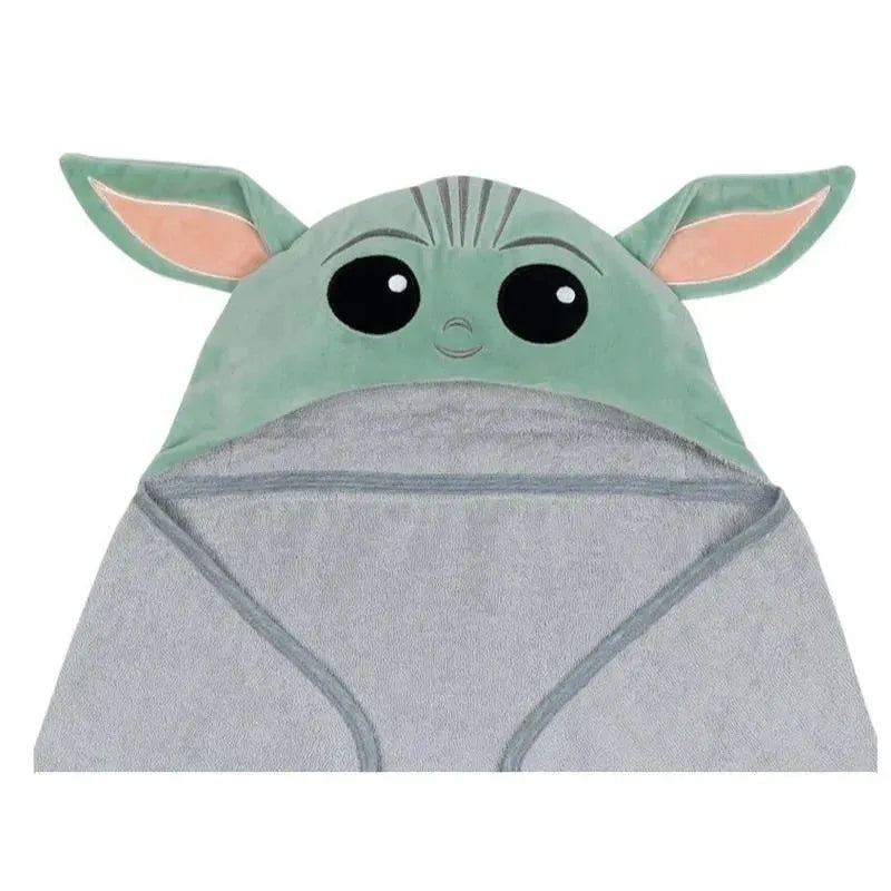 Hooded baby bath towel designed to resemble The Child Yoda, featuring large eyes and ear details in soft fabric.