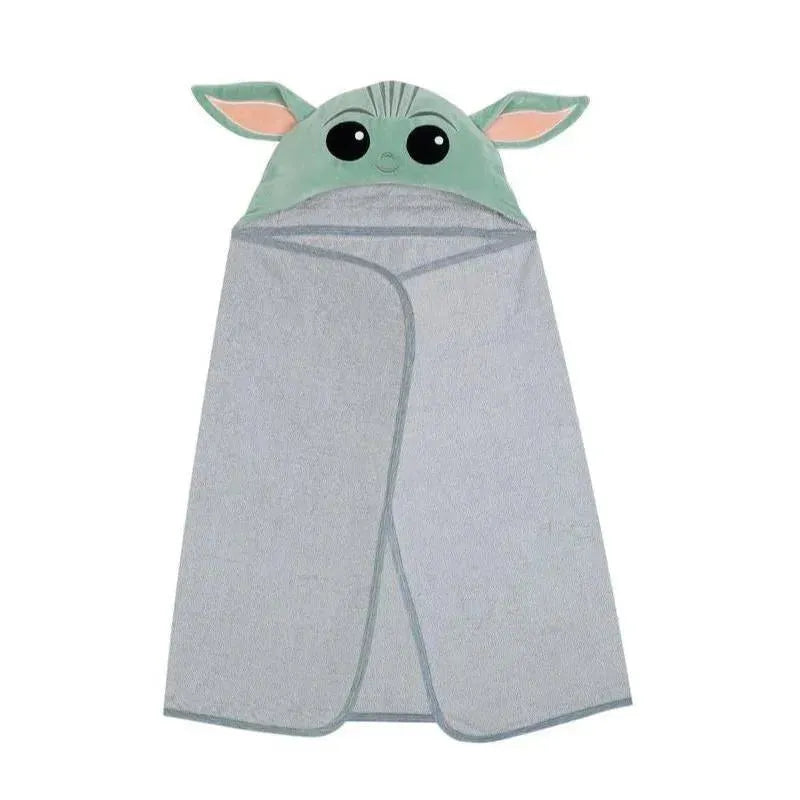 Hooded baby bath towel designed as The Child Yoda, featuring green fabric with large eyes and ears.