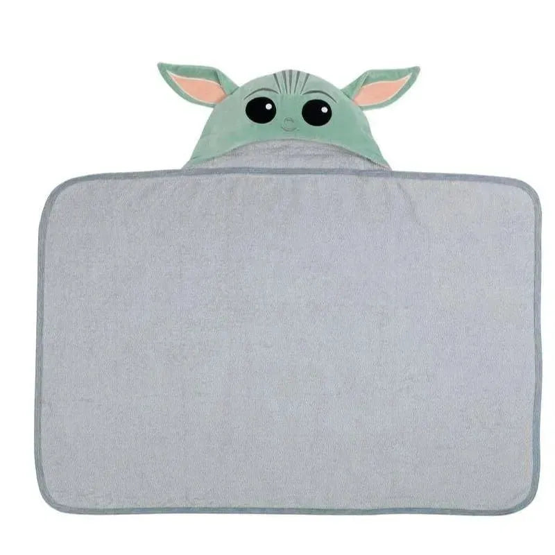 Hooded baby bath towel featuring The Child Yoda design with large eyes and ears, soft gray material.