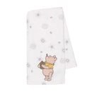 Ivory baby blanket featuring Winnie the Pooh holding a honey pot, adorned with stars and playful patterns.