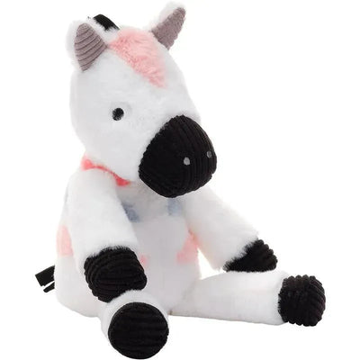 Plush zebra toy with black hooves, pink and gray accents, and a soft white body, designed for infants and toddlers.