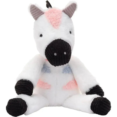 Plush zebra toy featuring a soft white body, black-striped limbs, and pink accents on its ears and sides.