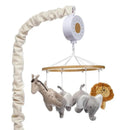 Musical mobile featuring plush giraffe, elephants, and lion, designed for nursery decor and soothing infants.