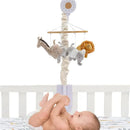 Musical mobile featuring plush animals like a llama, elephant, and lion, hanging above an infant in a crib.