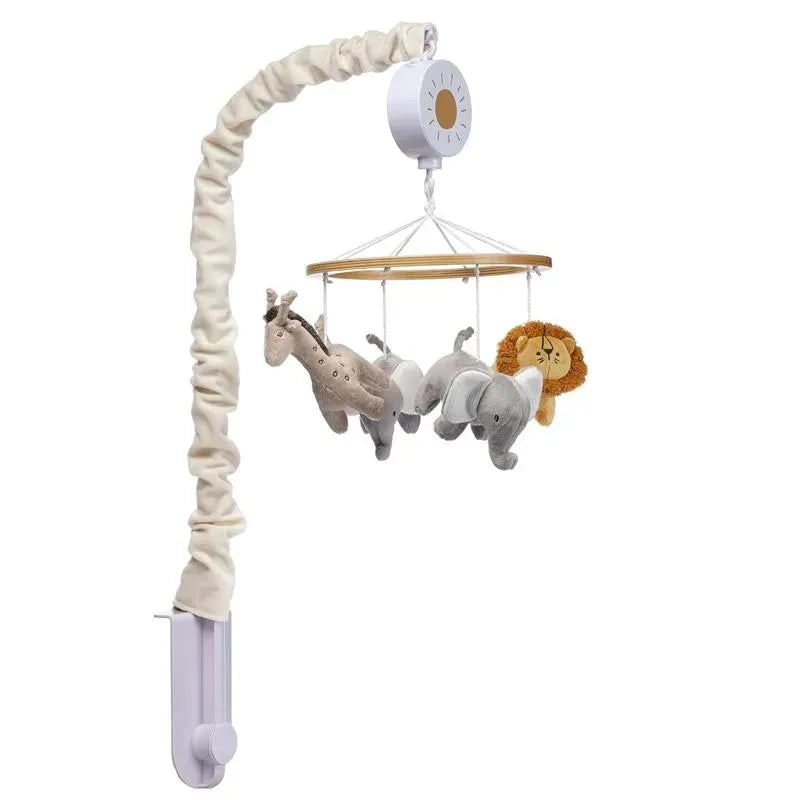Musical mobile featuring plush giraffe, elephant, and lion, designed to entertain and soothe babies.