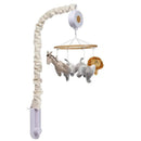 Musical mobile featuring plush giraffe, elephant, and lion, designed to entertain and soothe babies.