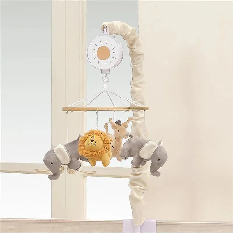Musical mobile featuring plush elephants, a lion, and a giraffe, designed for nursery decor and soothing babies.