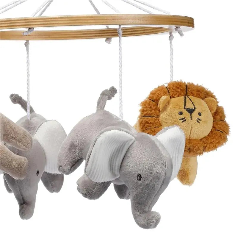 Jungle Adventure Musical Mobile with plush elephants and a lion, designed for infants.