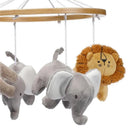 Jungle Adventure Musical Mobile with plush elephants and a lion, designed for infants.