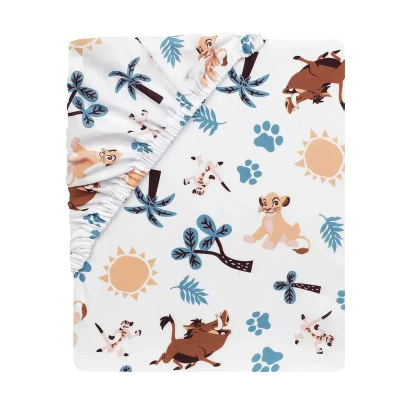 Fitted crib sheet featuring Lion King characters and tropical motifs, including lions, palm trees, and paw prints.