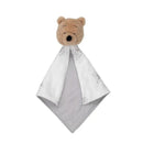 Winnie the Pooh plush head atop a soft, triangular security blanket in white and gray, designed for babies.