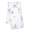 Lambs & Ivy Minky Sherpa Baby Blanket featuring Bambi and woodland animals on a soft white background.