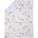 Lambs & Ivy Winnie the Pooh baby blanket featuring playful illustrations of Pooh and friends against a neutral background.