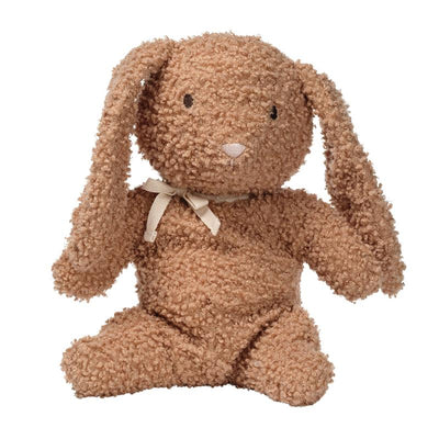 Honey-colored plush bunny with long ears and a fabric bow, made from organic cotton, designed for infants.
