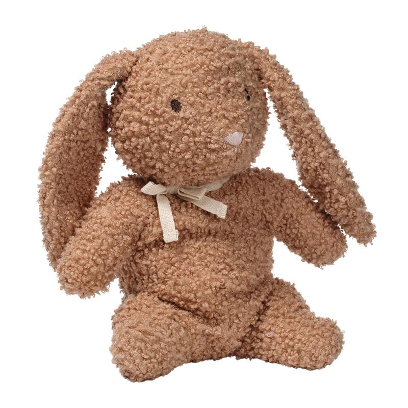 Organic cotton bunny plush toy in honey color with a textured body and long ears, adorned with a ribbon around the neck.