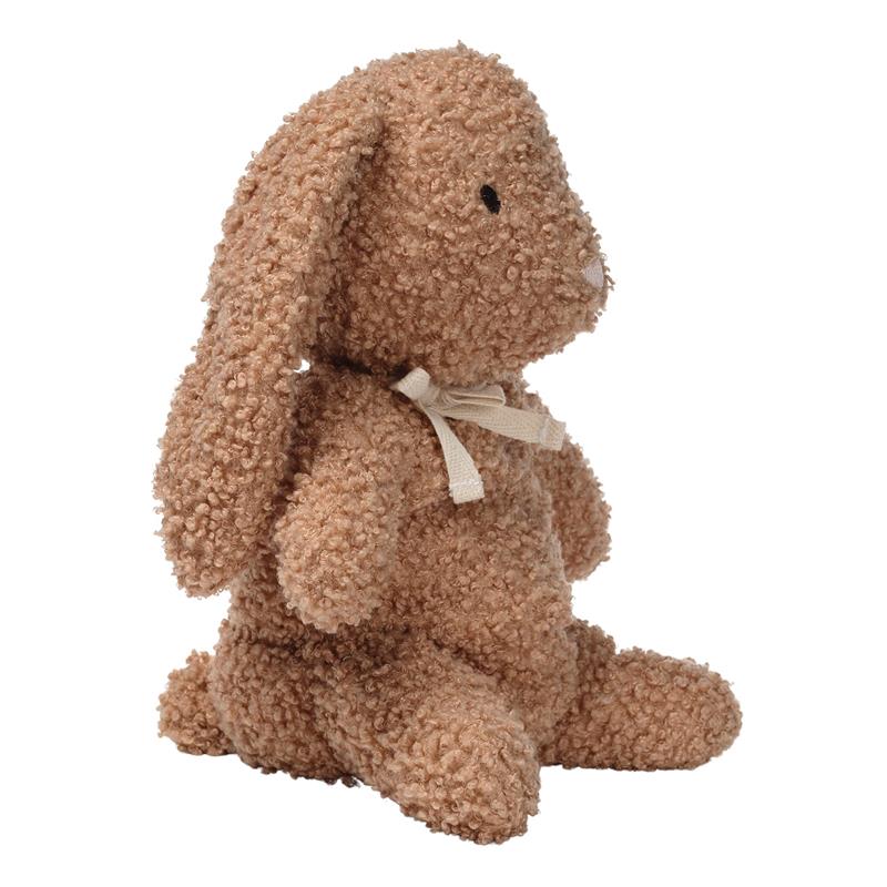 Organic cotton bunny plush toy in honey color with long ears and a ribbon around its neck, sitting upright.