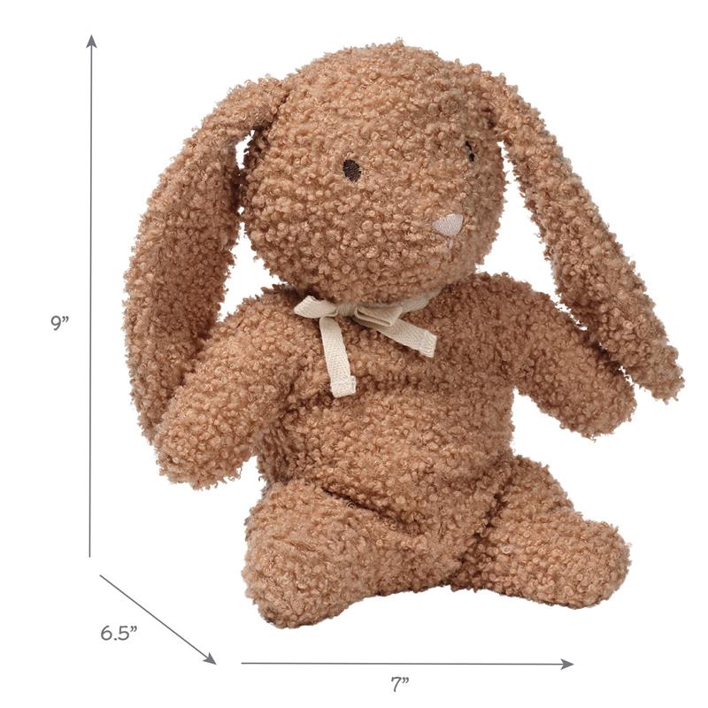 Organic cotton brown bunny plush toy with textured fur, sitting position, and a beige ribbon around its neck.