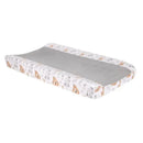 White minky changing pad cover featuring a painted forest pattern with woodland animals and a soft gray center.