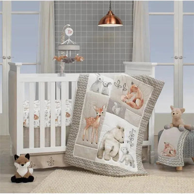 Changing pad cover featuring soft white minky fabric with a painted forest design, showcasing various woodland animals.