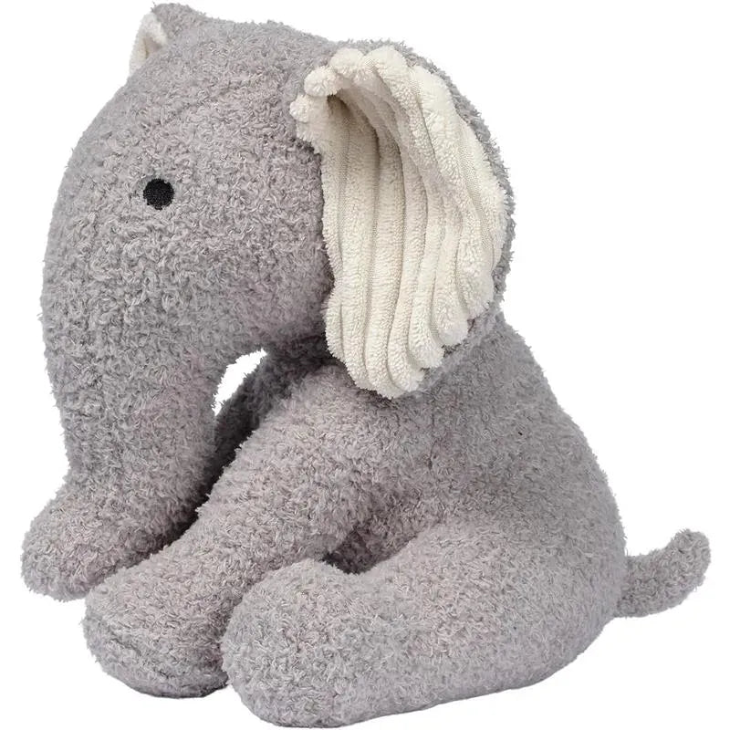 Plush gray elephant stuffed animal with textured fabric and floppy ears, designed for infants and toddlers.