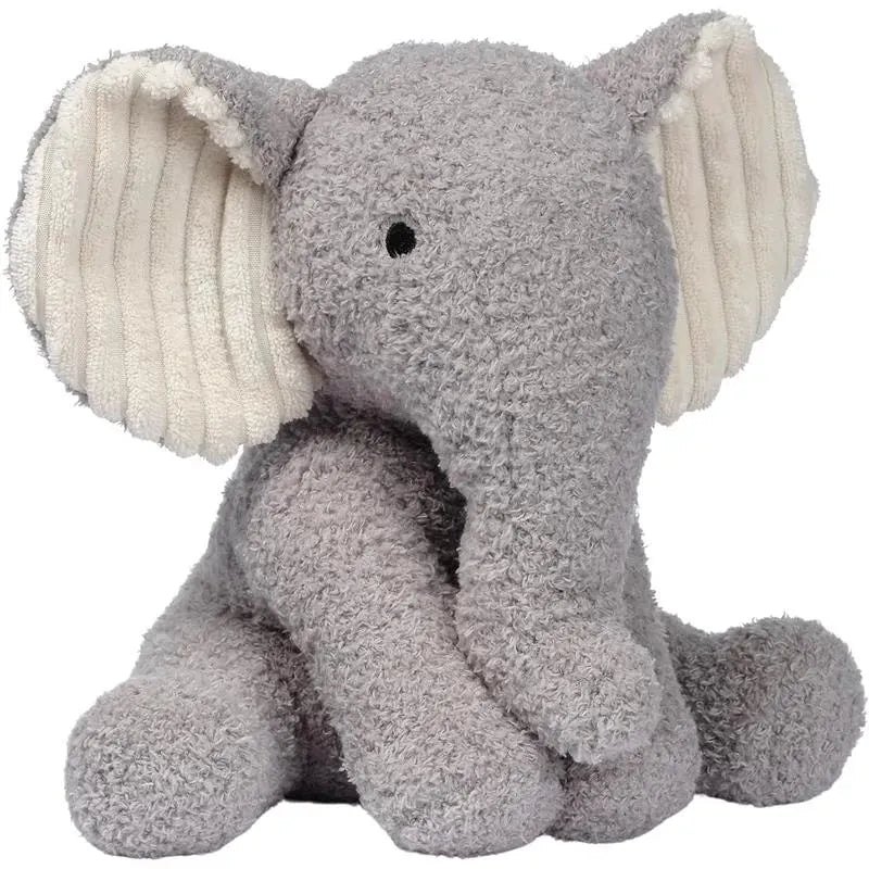 Soft plush elephant toy with floppy ears, designed for infants and young children, in light gray fabric.