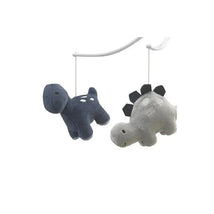 Musical mobile featuring plush dinosaur toys, including a blue dinosaur and a gray stegosaurus on a white hanging frame.