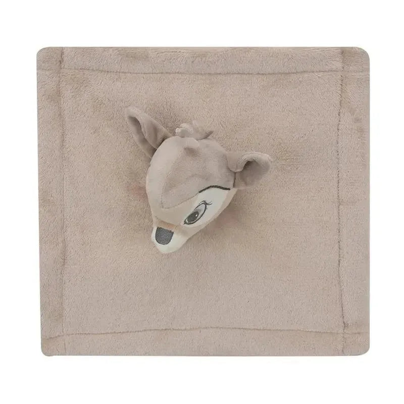 Lambs & Ivy Bambi security blanket featuring a soft, taupe fabric with a plush Bambi head attached at the center.
