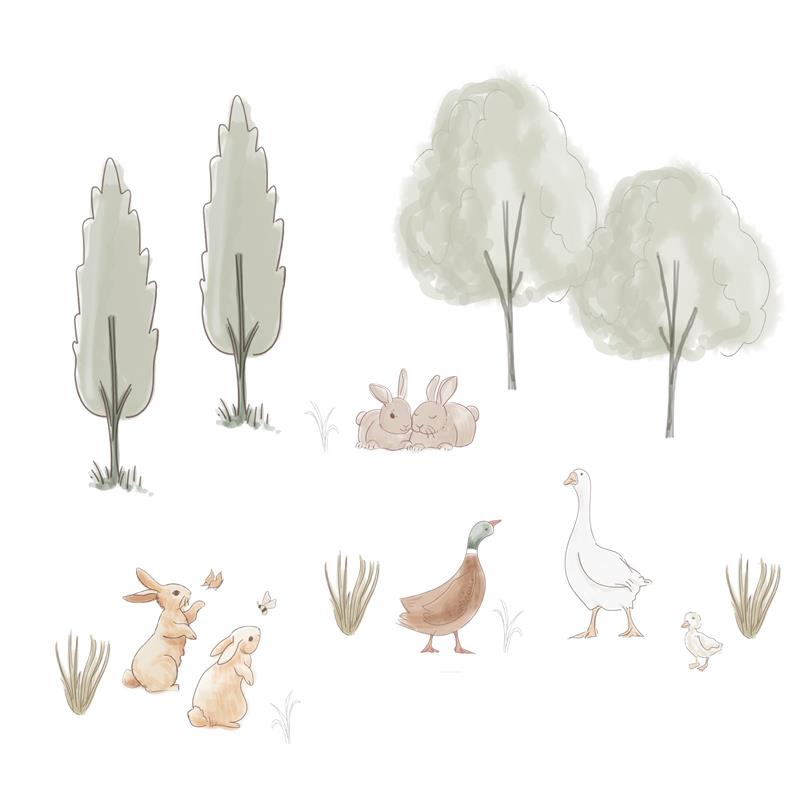 Woodland-themed wall decals featuring adorable rabbits, a duck, a goose, and stylized trees for nursery decor.