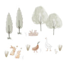 Woodland-themed wall decals featuring adorable rabbits, a duck, a goose, and stylized trees for nursery decor.