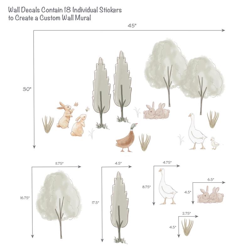 Woodland-themed wall decals featuring bunnies, a duck, and trees with size measurements; designed for custom mural creation.