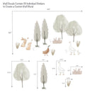 Woodland-themed wall decals featuring bunnies, a duck, and trees with size measurements; designed for custom mural creation.