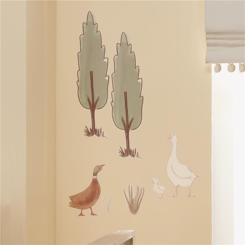 Woodland tree and duck wall decals featuring two green trees, a brown duck, a white goose, and a duckling.