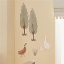 Woodland tree and duck wall decals featuring two green trees, a brown duck, a white goose, and a duckling.