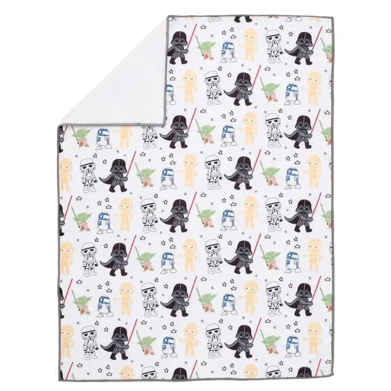Star Wars Classic Blanket featuring cartoon characters like Darth Vader, Yoda, R2-D2, and C-3PO on a white background.