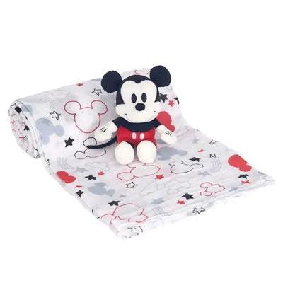 Swaddle blanket features a whimsical Mickey Mouse design, paired with a plush Mickey toy, perfect for newborns.