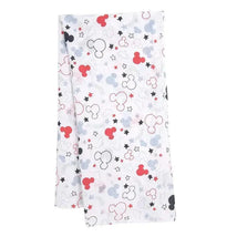 Mickey Mouse-themed swaddle blanket featuring colorful Mickey silhouettes, clouds, and stars on a white background.