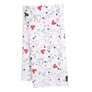 Mickey Mouse-themed swaddle blanket featuring colorful Mickey silhouettes, clouds, and stars on a white background.