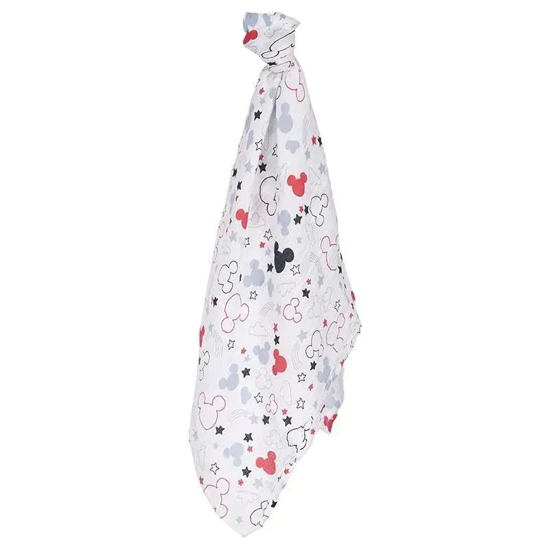 Mickey Mouse-themed swaddle blanket featuring colorful cloud and star patterns, part of the Lambs & Ivy gift set.
