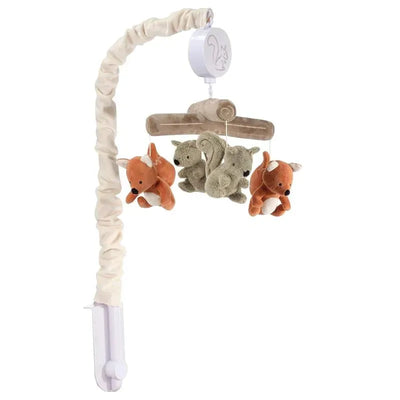 Treetop Fox musical mobile featuring plush fox and squirrel figures, designed to soothe babies with gentle melodies.