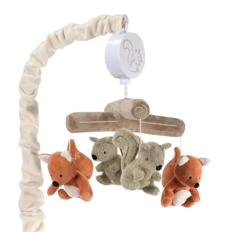 Lambs & Ivy Treetop Fox Musical Mobile with plush fox and squirrel toys, designed to entertain and soothe infants.