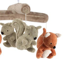 Lambs & Ivy Treetop Fox musical mobile featuring plush squirrel and fox toys suspended from a soft, plush arm.