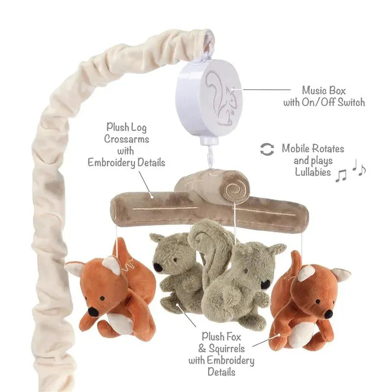 Plush Treetop Fox musical mobile featuring a rotating design with a fox and squirrels, playing lullabies.