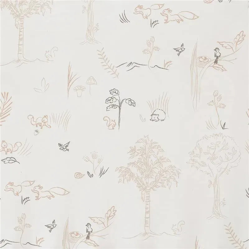 Treetop Fox Sheet featuring whimsical illustrations of woodland animals, trees, and plants in soft, neutral tones.