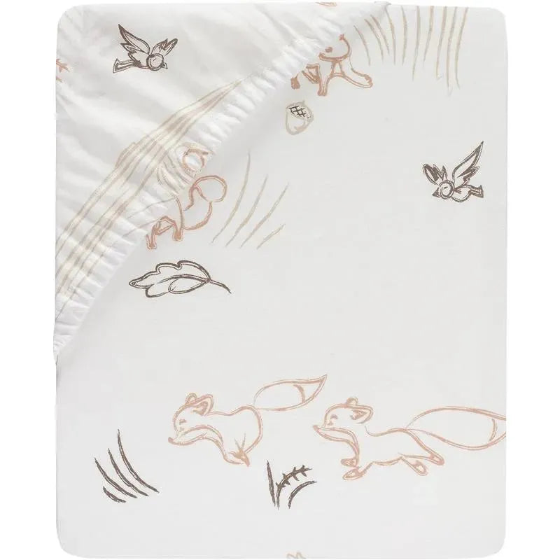 Lambs & Ivy Treetop Fox Sheet featuring playful fox and bird designs in soft colors on a white background.