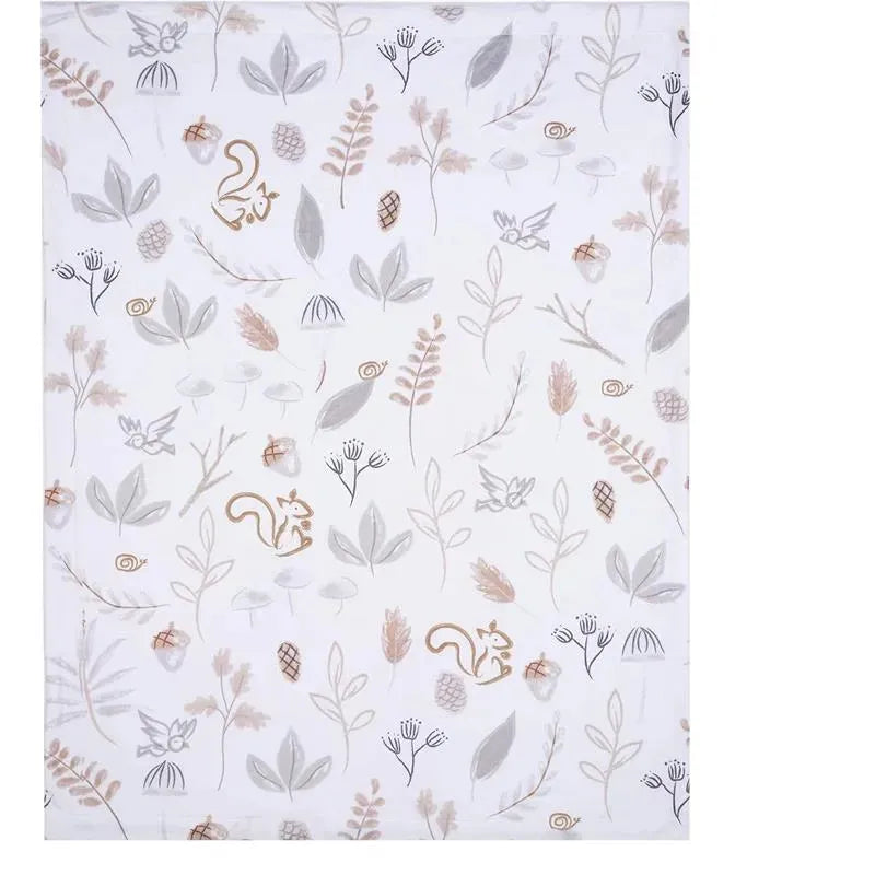 Whimsical woodland blanket featuring a squirrel, leaves, and floral patterns in muted colors. Ideal for baby rooms.