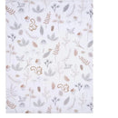 Whimsical woodland blanket featuring a squirrel, leaves, and floral patterns in muted colors. Ideal for baby rooms.