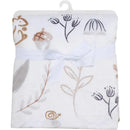 Woodland blanket featuring playful animal and plant designs, tied with a white ribbon. Perfect for baby nurseries.