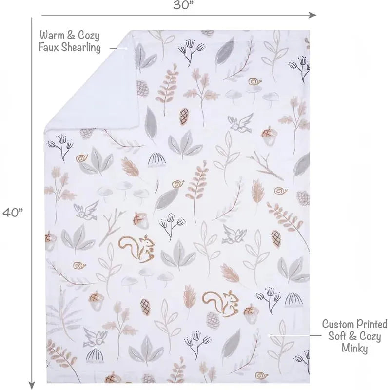 Woodland-themed Treetop Fox blanket featuring a cozy faux shearling backing, measuring 30x40 inches, with cute animal illustrations.