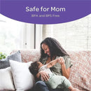 Lansinoh nipple shield packaging, featuring a mother comfortably breastfeeding her baby on a couch. Text highlights safety: BPA and BPS free.