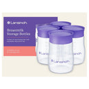 Four Lansinoh breastmilk storage bottles (5 oz) with purple lids are displayed, featuring stackable, leak-proof design.